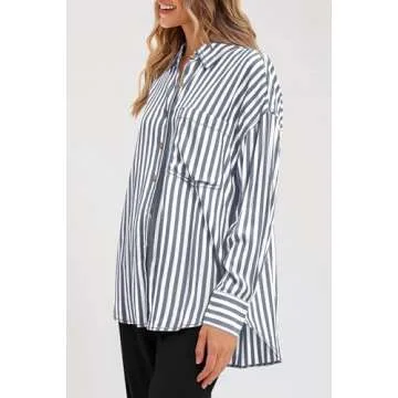 PRETTYGARDEN Womens Striped Button Down Shirt Spring 2025 Oversized Collared Long Sleeve Office Work Blouses Tops (Navy,XX-Large)