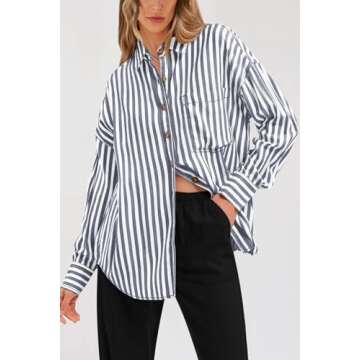 PRETTYGARDEN Womens Striped Button Down Shirt Spring 2025 Oversized Collared Long Sleeve Office Work Blouses Tops (Navy,XX-Large)