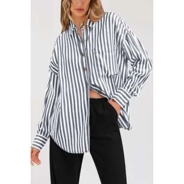 PRETTYGARDEN Womens Striped Button Down Shirt Spring 2025 Oversized Collared Long Sleeve Office Work Blouses Tops (Navy,XX-Large)