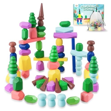 Toys for 3 Year Old Boys Girls, 36 PCS Colorful Wooden Sorting Stacking Rocks for Toddlers 3-4 Monte...