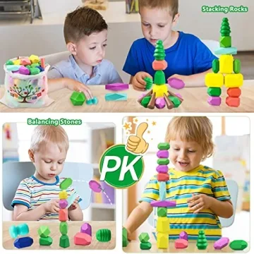 Colorful Wooden Stacking Rocks for Creative Play