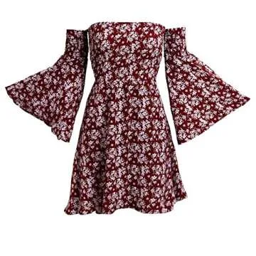 ONEYIM Women's Dress Summer Floral Long Sleeve Off Shoulder Casual Mini Dresses(Maroon,M)