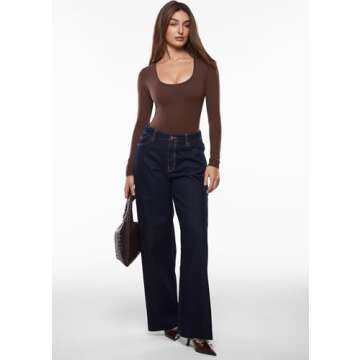 INLYRIC Women's Inbarely Soft Deep U Neck Double Lined Long Sleeve Tops Going Out Slim Fitted Sexy T...