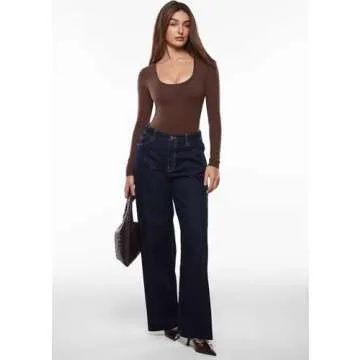 INLYRIC Women's Inbarely Soft Deep U Neck Top - Stylish & Comfortable Long Sleeve T-Shirt