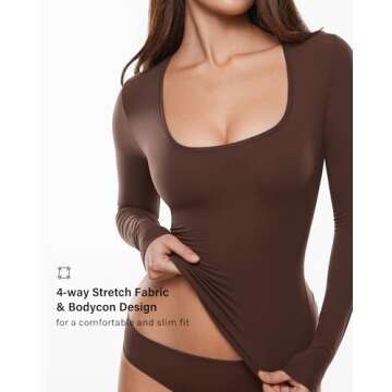 INLYRIC Women's Inbarely Soft Deep U Neck Double Lined Long Sleeve Tops Going Out Slim Fitted Sexy Trendy T-Shirts Hazelnut Small