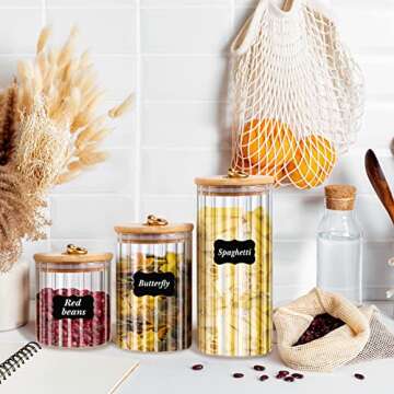 3 Pcs Glass Storage Jars Decorative Coffee Bar Container Kitchen Glass Canister with Airtight Bamboo Lid Metal Ring, Black Labels and Whiteboard Marker for Storage Sugar Candy (19 oz, 29 oz, 39 oz)