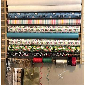 Z-Things Storage, Organizer, Dispensing Rack for Gift Wrapping Paper, Ribbons, Cellophane, Vinyl Rolls, Paper, Maps Etc. Holds 10 Rows. Adjustable Width. Easy Wall Mount. Hardware Included.