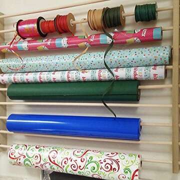 Z-Things Storage, Organizer, Dispensing Rack for Gift Wrapping Paper, Ribbons, Cellophane, Vinyl Rolls, Paper, Maps Etc. Holds 10 Rows. Adjustable Width. Easy Wall Mount. Hardware Included.