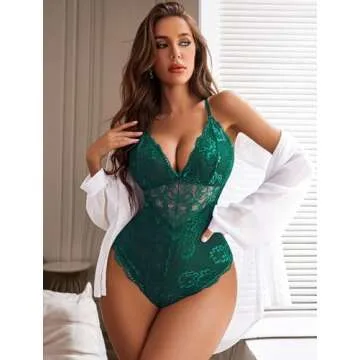 Avidlove Women Deep V Sexy Lace Bodysuit Snap Crotch Teddy Green Lingerie XL
