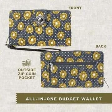 Bella Taylor Cash System Wallet for Envelope Budgeting - RFID Protected - Cash Stuffing Wallet with Detachable Wristlet - Dotted Daisy Charcoal