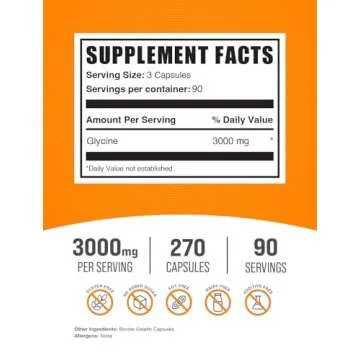 BulkSupplements.com Glycine Capsules - 3000mg Amino Acid Supplement, Gluten Free, 270 Capsules