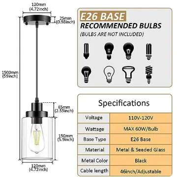 WimiSom Industrial Pendant Lighting, Modern Clear Glass Shade Farmhouse Adjustable Hanging Light Fix...