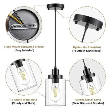 WimiSom Industrial Pendant Lighting, Modern Clear Glass Shade Farmhouse Adjustable Hanging Light Fixtures for Kitchen Island Living Room Bedroom Hallway, 3-Pack