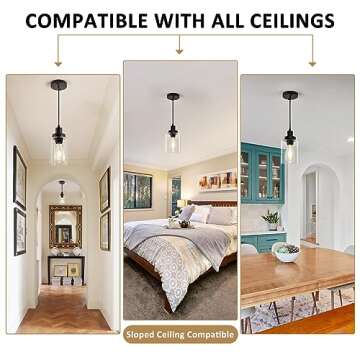 WimiSom Industrial Pendant Lighting, Modern Clear Glass Shade Farmhouse Adjustable Hanging Light Fixtures for Kitchen Island Living Room Bedroom Hallway, 3-Pack