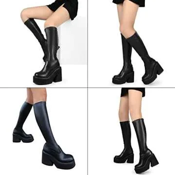 AMINUGAL Womens Elastic Knee High Boots Platform Chunky Block High Heel Sock Boots Zipper Round Toe Fashion Motorcycle Combat Punk Boots For Women Black size 7