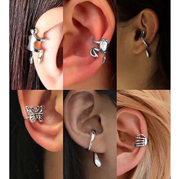 34 PCS Gold Silver Adjustable Ear Cuffs Earrings for Women Non-Piercing Cartilage Clip on Earrings Wrap Ear Jewelry Set,Punk Snake Butterfly Claw Stud Earrings Gift (Silver)