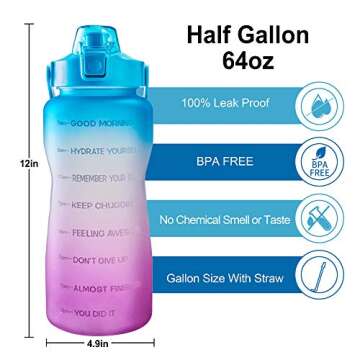 EYQ 64oz Leakproof Free Drinking Water Bottle with Motivational Time Marker BPA Free for Fitness, Gy...
