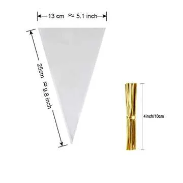 FUNNYARD Mini Cone Bag 200Pcs Clear Treat Popcorn Bags 5.1 by 9.8 Inch Triangle Cellophane Bags with Twist Ties for Handmade Cookies Wedding