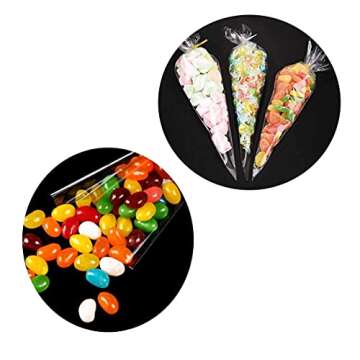 FUNNYARD Mini Cone Bag 200Pcs Clear Treat Popcorn Bags 5.1 by 9.8 Inch Triangle Cellophane Bags with Twist Ties for Handmade Cookies Wedding