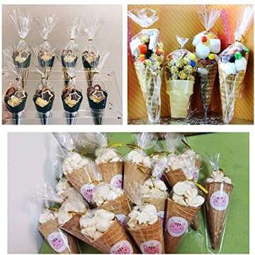 FUNNYARD Mini Cone Bag 200Pcs Clear Treat Popcorn Bags 5.1 by 9.8 Inch Triangle Cellophane Bags with Twist Ties for Handmade Cookies Wedding