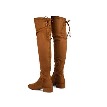 Greatonu Women's Thigh High Fashion Boots Stretchy Over The Knee Block Heel Tie Back Boots Camel-1.77 inchs Size 11