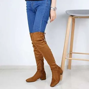 Greatonu Women's Thigh High Fashion Boots Stretchy Over The Knee Block Heel Tie Back Boots Camel-1.77 inchs Size 11