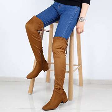 Greatonu Women's Thigh High Fashion Boots Stretchy Over The Knee Block Heel Tie Back Boots Camel-1.77 inchs Size 11