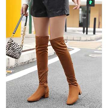 Greatonu Women's Thigh High Fashion Boots Stretchy Over The Knee Block Heel Tie Back Boots Camel-1.77 inchs Size 11