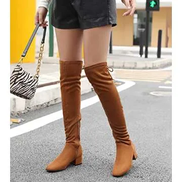 Greatonu Women's Thigh High Fashion Boots Stretchy Over The Knee Block Heel Tie Back Boots Camel-1.77 inchs Size 11