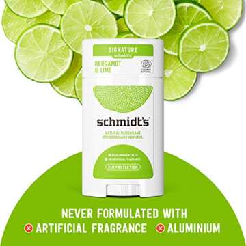 Schmidt's Aluminum Free Natural Deodorant For 24 Hour Odor Protection and Freshness, Bergamot + Lime Vegan, Certified Cruelty Free, 3.25 oz