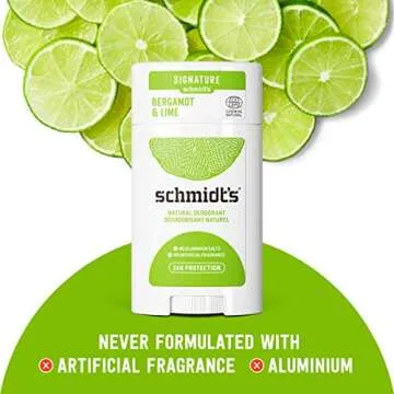 Schmidt's Aluminum Free Natural Deodorant For 24 Hour Odor Protection and Freshness, Bergamot + Lime Vegan, Certified Cruelty Free, 3.25 oz