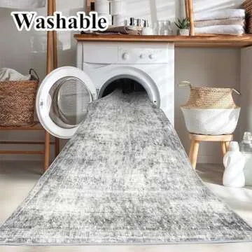 CHAMPLANT 5x7 Washable Area Rug Gray Vintage Traditional Floor Cover Foldable Thin Kitchen Accent Indoor Distressed Non Slip Carpet Floral Print Mat Bedroom Living Room Bathroom