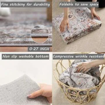 CHAMPLANT 5x7 Washable Area Rug Gray Vintage Traditional Floor Cover Foldable Thin Kitchen Accent Indoor Distressed Non Slip Carpet Floral Print Mat Bedroom Living Room Bathroom