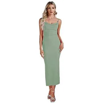 Umenlele Women's Sexy Cowl Neck Backless Side Split Ribbed Sleeveless Bodycon Midi Dress Solid Green Small