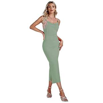Umenlele Women's Sexy Cowl Neck Backless Side Split Ribbed Sleeveless Bodycon Midi Dress Solid Green Small