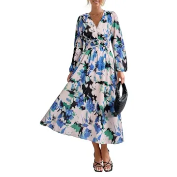 PRETTYGARDEN Women's Spring Floral Midi Dress Casual Fall V Neck Long Sleeve Flowy Beach Wedding Gue...