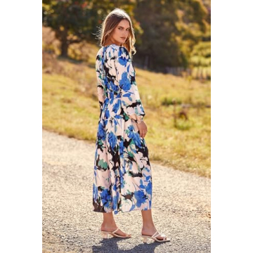 PRETTYGARDEN Women's Spring Floral Midi Dress Casual Fall V Neck Long Sleeve Flowy Beach Wedding Guest Vacation Dresses (Black Blue Floral,Large)