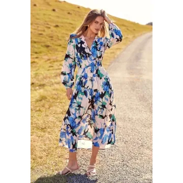 PRETTYGARDEN Women's Spring Floral Midi Dress Casual Fall V Neck Long Sleeve Flowy Beach Wedding Guest Vacation Dresses (Black Blue Floral,Large)