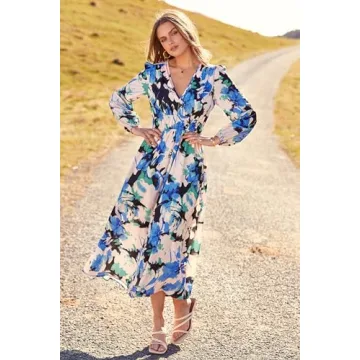 PRETTYGARDEN Women's Spring Floral Midi Dress Casual Fall V Neck Long Sleeve Flowy Beach Wedding Guest Vacation Dresses (Black Blue Floral,Large)