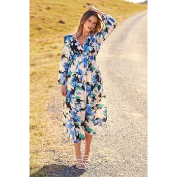 PRETTYGARDEN Women's Spring Floral Midi Dress Casual Fall V Neck Long Sleeve Flowy Beach Wedding Guest Vacation Dresses (Black Blue Floral,Large)