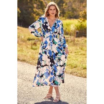 PRETTYGARDEN Women's Spring Floral Midi Dress Casual Fall V Neck Long Sleeve Flowy Beach Wedding Guest Vacation Dresses (Black Blue Floral,Large)