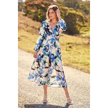 PRETTYGARDEN Women's Spring Floral Midi Dress Casual Fall V Neck Long Sleeve Flowy Beach Wedding Guest Vacation Dresses (Black Blue Floral,Large)