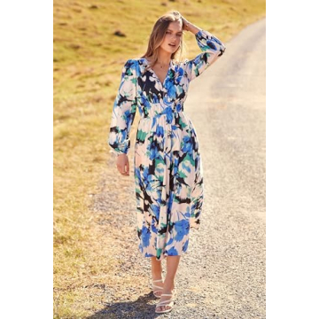 PRETTYGARDEN Women's Spring Floral Midi Dress Casual Fall V Neck Long Sleeve Flowy Beach Wedding Guest Vacation Dresses (Black Blue Floral,Large)