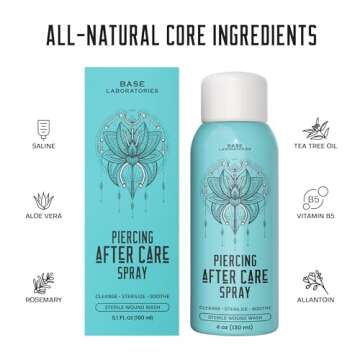 BASE LABORATORIES Piercing Aftercare Spray 4oz | Saline Spray for Piercings | Ear Piercing Cleaner S...