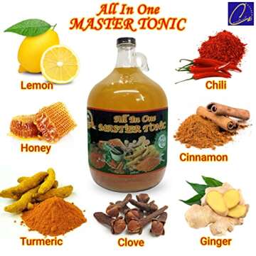 13oz Organic All in One Master Tonic juice with cinnamon, cloves, Natural apple cider vinegar, lemon, ginger, turmeric, cayenne pepper, honey, water