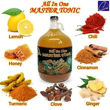 13oz Organic All in One Master Tonic juice with cinnamon, cloves, Natural apple cider vinegar, lemon, ginger, turmeric, cayenne pepper, honey, water