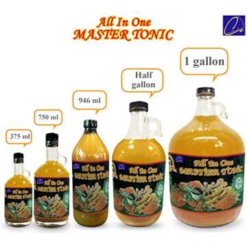 13oz Organic All in One Master Tonic juice with cinnamon, cloves, Natural apple cider vinegar, lemon, ginger, turmeric, cayenne pepper, honey, water