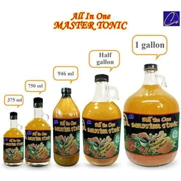 13oz Organic All in One Master Tonic juice with cinnamon, cloves, Natural apple cider vinegar, lemon, ginger, turmeric, cayenne pepper, honey, water
