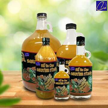 13oz Organic All in One Master Tonic juice with cinnamon, cloves, Natural apple cider vinegar, lemon, ginger, turmeric, cayenne pepper, honey, water