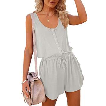 Mafulus Womens Summer Scoop Neck Button Down Sleeveless Jumpsuit Rompers Adjustable Waist Short with Pockets